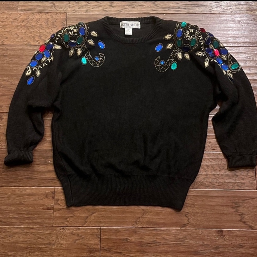 Victoria Harbour Women’s Black Multicolor Jeweled  Sweater Size S